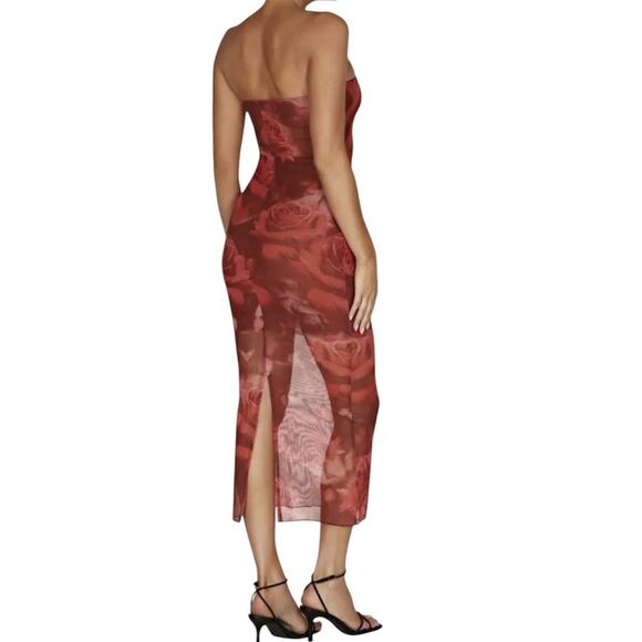 Meshki Aphrodite Strapless Mesh Midi Dress Size L Red Rose Print Sheer Party NWT - Picture 2 of 15